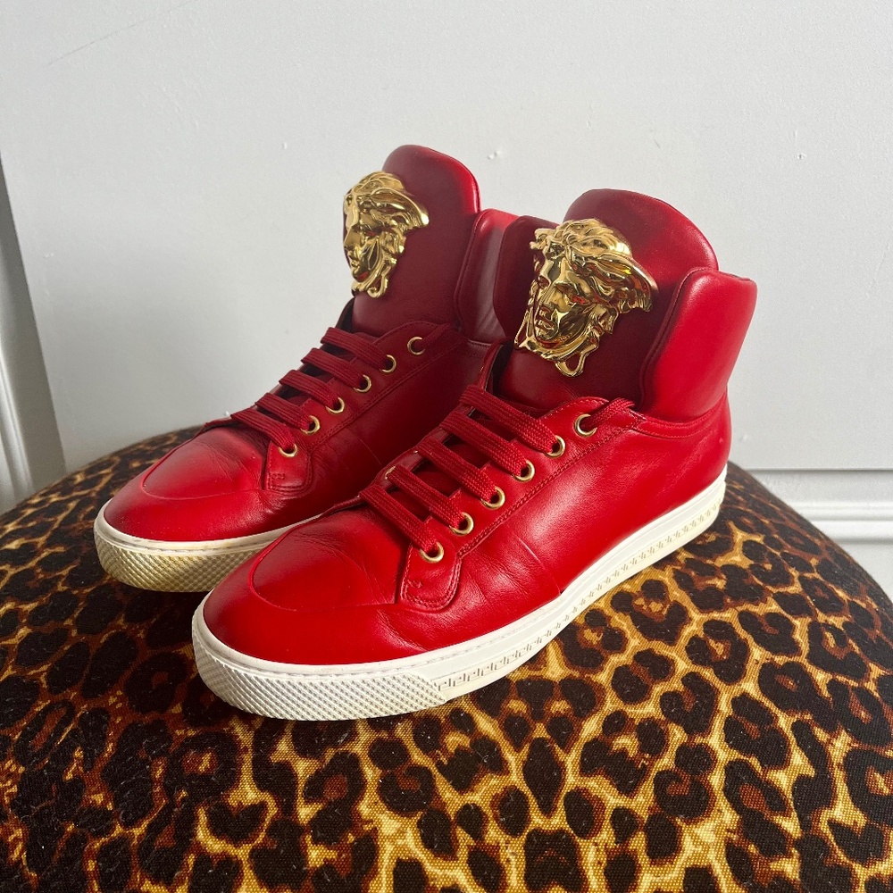 Men’s Red Versace Palazzo Laced High Top Sneakers